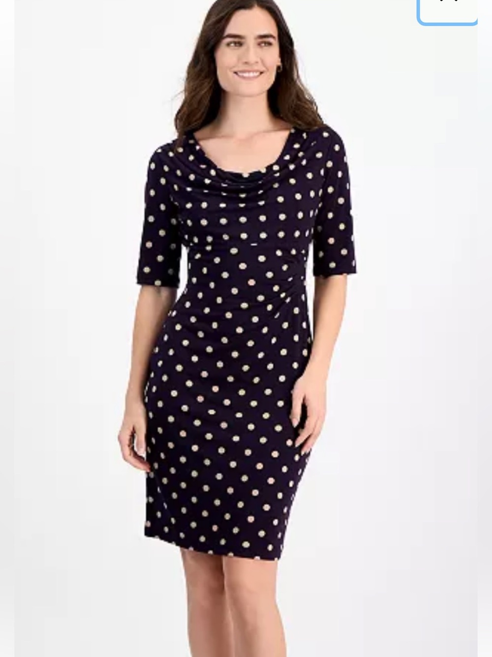 LOFT Black Polka Dot Draped Neck Sheath Dress 3/4 Sleeve size Small